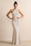 Crisscross Halter Sheath Chiffon Bridesmaid Dress with Bow in Frost - SHE IS ME BRIDESMAID DRESSES