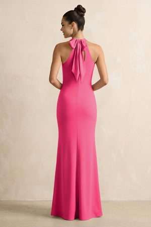 Crisscross Halter Sheath Chiffon Bridesmaid Dress with Bow in Fuchsia (2) | KISSBRIDAL
