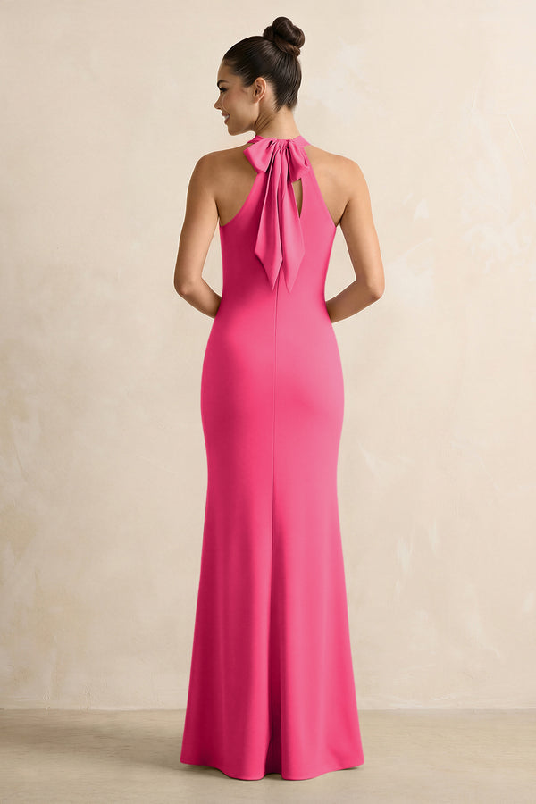 Crisscross Halter Sheath Chiffon Bridesmaid Dress with Bow in Fuchsia (2) | KISSBRIDAL