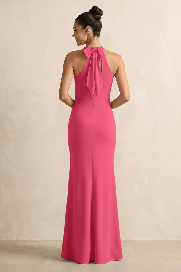 Crisscross Halter Sheath Chiffon Bridesmaid Dress with Bow in Fuchsia - SHE IS ME BRIDESMAID DRESSES