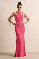 Crisscross Halter Sheath Chiffon Bridesmaid Dress with Bow in Fuchsia - SHE IS ME BRIDESMAID DRESSES