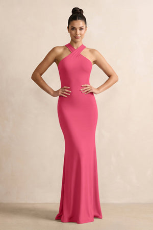 Crisscross Halter Sheath Chiffon Bridesmaid Dress with Bow in Fuchsia - SHE IS ME BRIDESMAID DRESSES