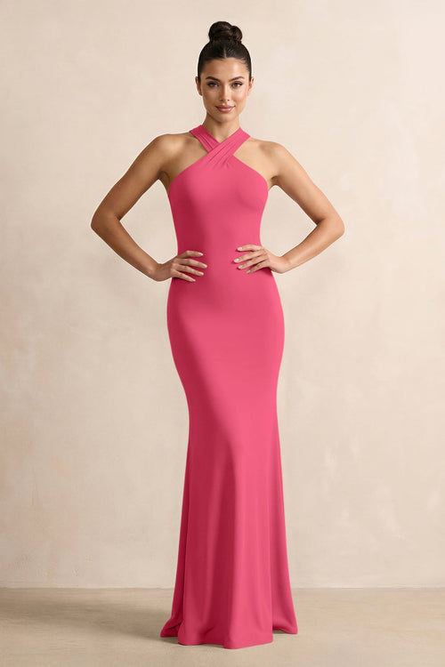 Crisscross Halter Sheath Chiffon Bridesmaid Dress with Bow in Fuchsia - SHE IS ME BRIDESMAID DRESSES