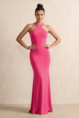Crisscross Halter Sheath Chiffon Bridesmaid Dress with Bow in Fuchsia | KISSBRIDAL