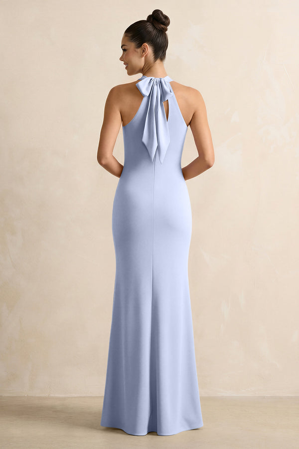Crisscross Halter Sheath Chiffon Bridesmaid Dress with Bow in Ice (2) | KISSBRIDAL