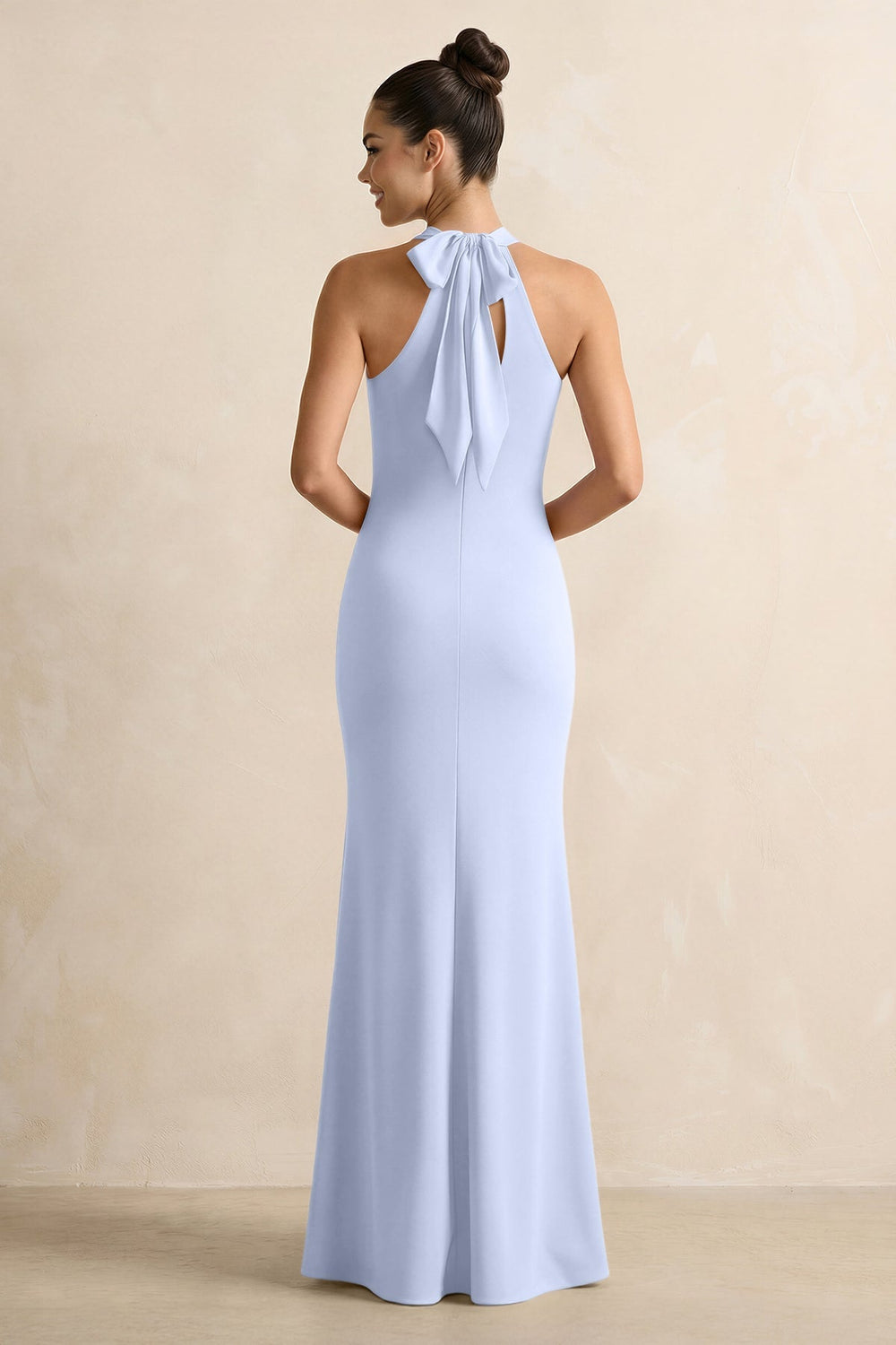 Crisscross Halter Sheath Chiffon Bridesmaid Dress with Bow in Ice - KISS BRIDAL BRIDESMAID DRESSES
