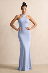Crisscross Halter Sheath Chiffon Bridesmaid Dress with Bow in Ice | KISSBRIDAL