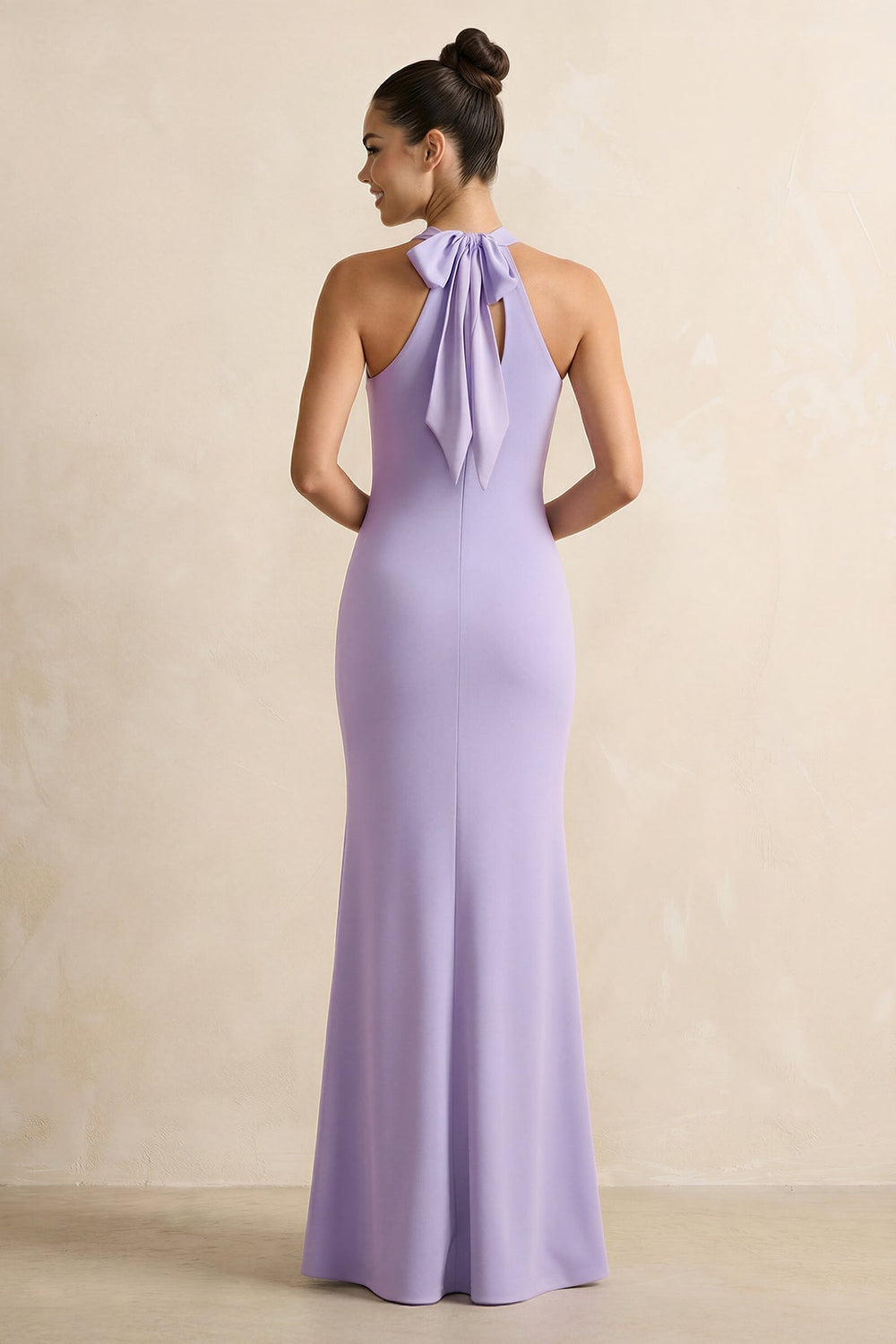 Crisscross Halter Sheath Chiffon Bridesmaid Dress with Bow in Lavender - SHE IS ME BRIDESMAID DRESSES