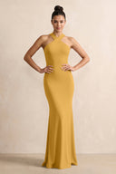 Crisscross Halter Sheath Chiffon Bridesmaid Dress with Bow in Marigold - SHE IS ME BRIDESMAID DRESSES