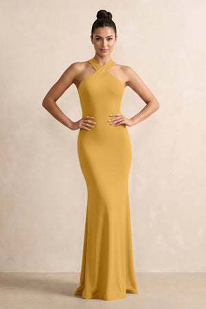 Crisscross Halter Sheath Chiffon Bridesmaid Dress with Bow in Marigold - SHE IS ME BRIDESMAID DRESSES