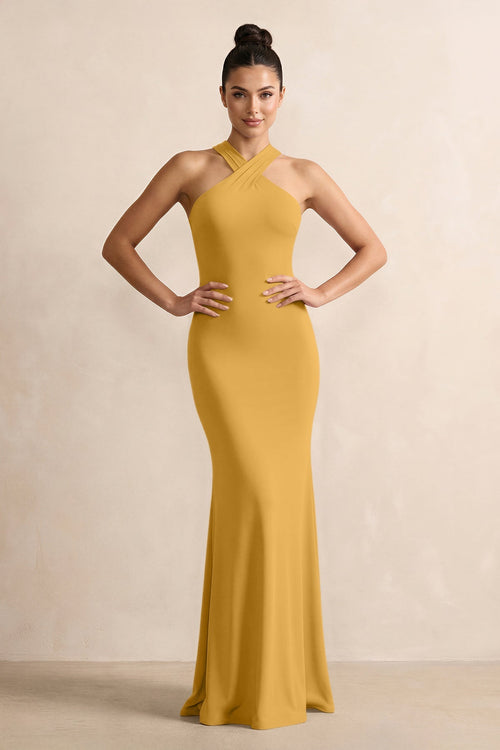 Crisscross Halter Sheath Chiffon Bridesmaid Dress with Bow in Marigold - SHE IS ME BRIDESMAID DRESSES