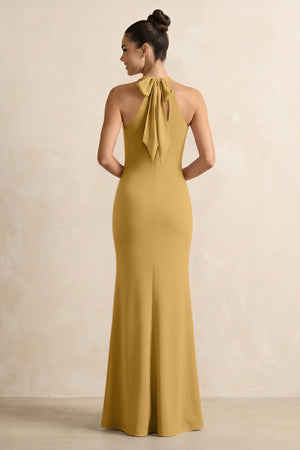 Crisscross Halter Sheath Chiffon Bridesmaid Dress with Bow in Marigold (2) | KISSBRIDAL