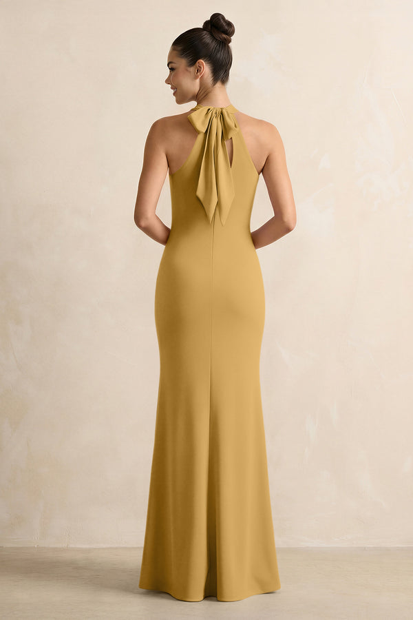 Crisscross Halter Sheath Chiffon Bridesmaid Dress with Bow in Marigold (2) | KISSBRIDAL