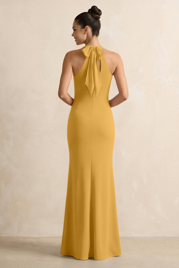 Crisscross Halter Sheath Chiffon Bridesmaid Dress with Bow in Marigold - SHE IS ME BRIDESMAID DRESSES