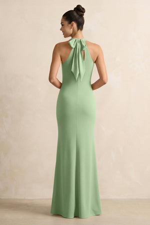 Crisscross Halter Sheath Chiffon Bridesmaid Dress with Bow in Matcha (2) | KISSBRIDAL