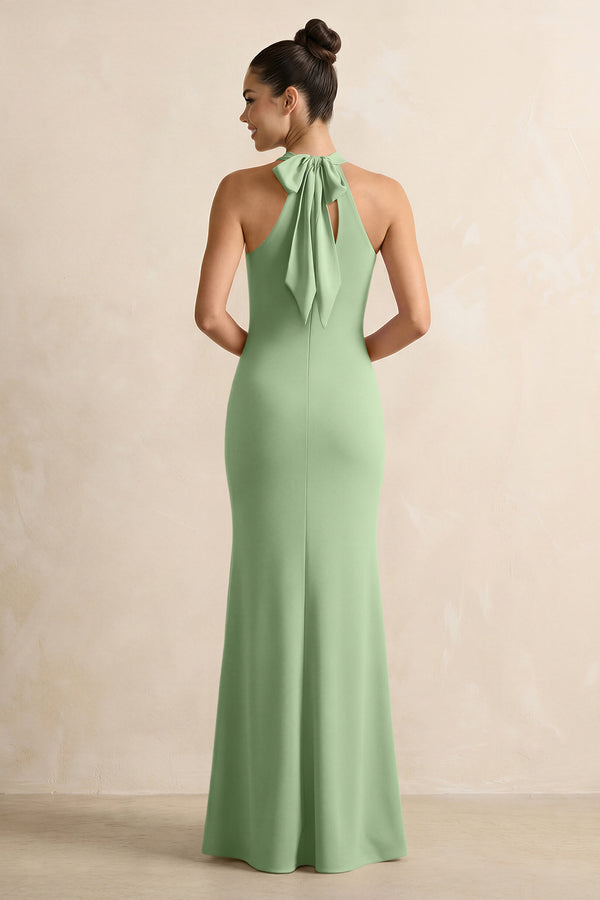 Crisscross Halter Sheath Chiffon Bridesmaid Dress with Bow in Matcha (2) | KISSBRIDAL