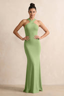 Crisscross Halter Sheath Chiffon Bridesmaid Dress with Bow in Matcha - SHE IS ME BRIDESMAID DRESSES