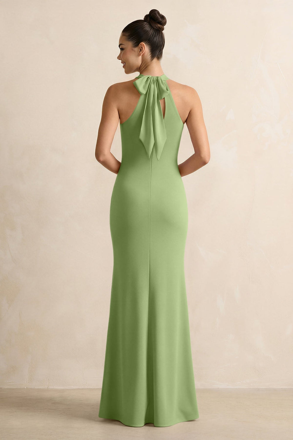 Crisscross Halter Sheath Chiffon Bridesmaid Dress with Bow in Matcha - KISS BRIDAL BRIDESMAID DRESSES