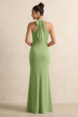 Crisscross Halter Sheath Chiffon Bridesmaid Dress with Bow in Matcha - SHE IS ME BRIDESMAID DRESSES