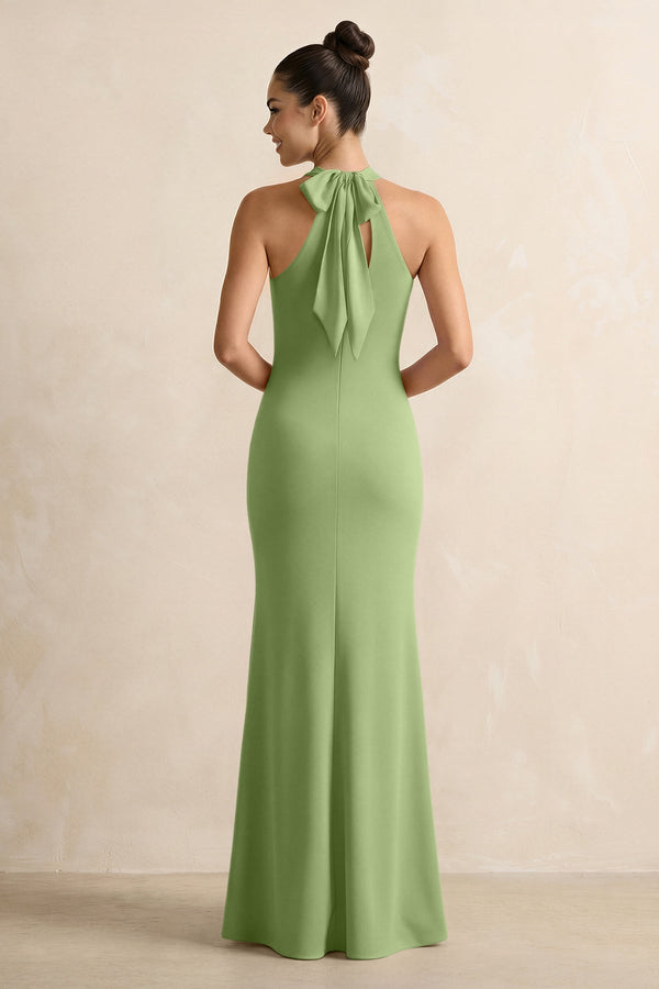 Crisscross Halter Sheath Chiffon Bridesmaid Dress with Bow in Matcha - SHE IS ME BRIDESMAID DRESSES
