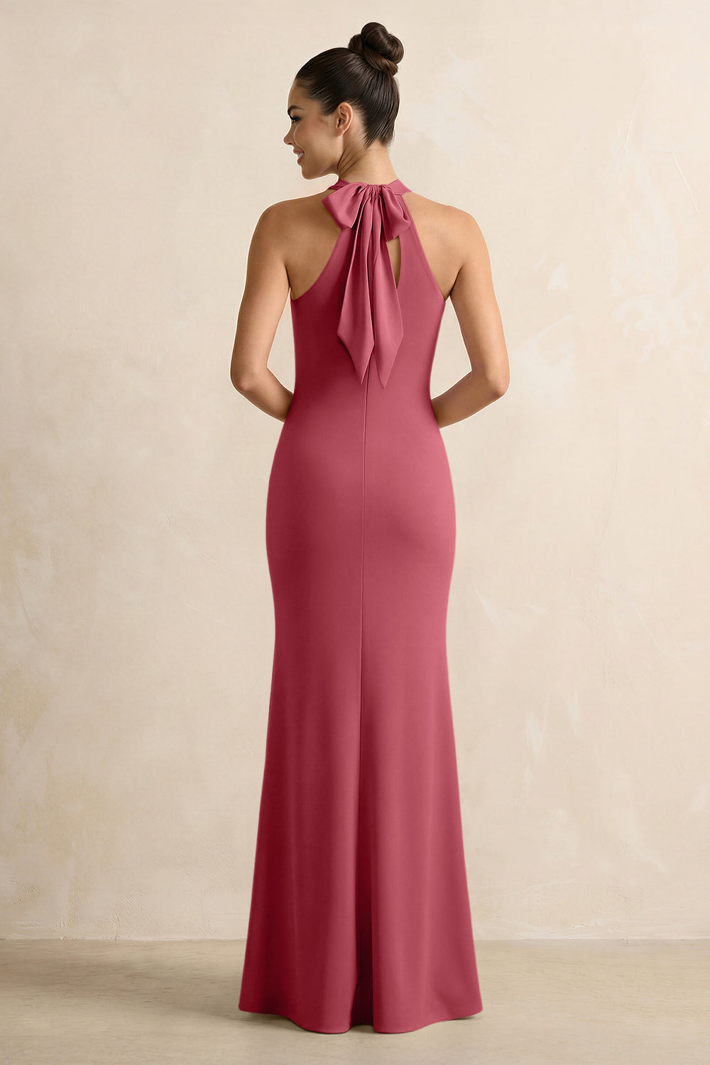 Crisscross Halter Sheath Chiffon Bridesmaid Dress with Bow in Merlot