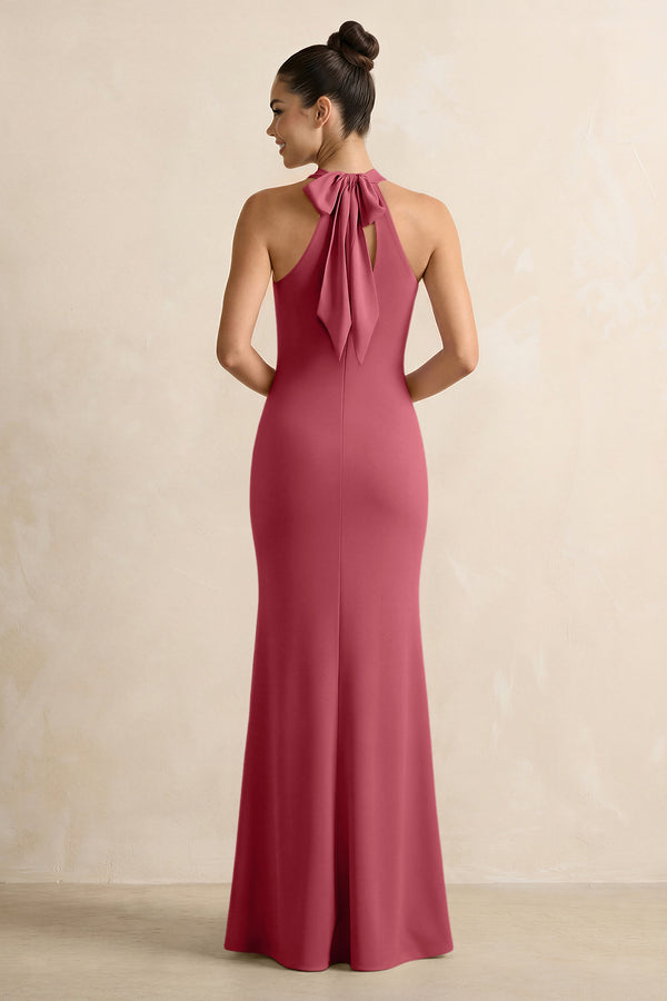 Crisscross Halter Sheath Chiffon Bridesmaid Dress with Bow in Merlot (2) | KISSBRIDAL