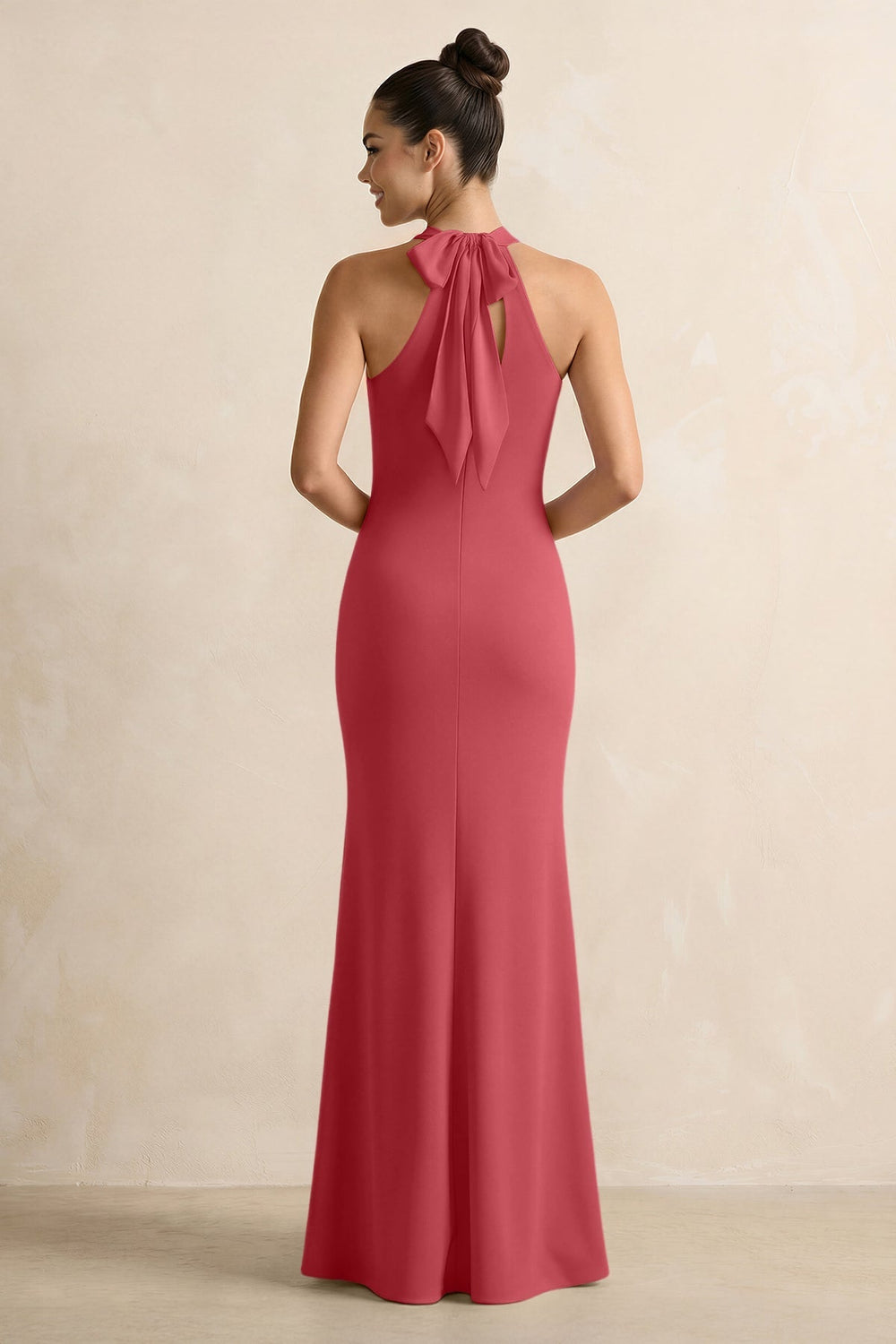 Crisscross Halter Sheath Chiffon Bridesmaid Dress with Bow in Merlot - KISS BRIDAL BRIDESMAID DRESSES