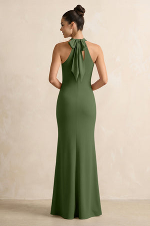 Crisscross Halter Sheath Chiffon Bridesmaid Dress with Bow in Moss (2) | KISSBRIDAL