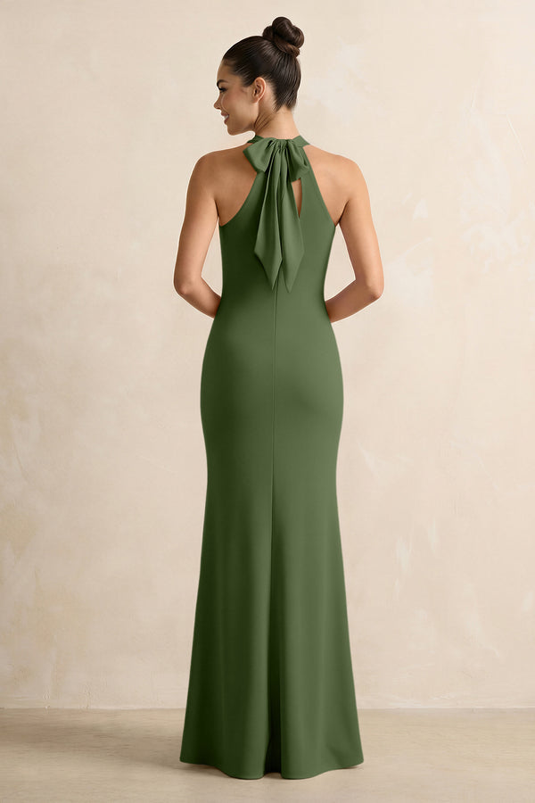 Crisscross Halter Sheath Chiffon Bridesmaid Dress with Bow in Moss (2) | KISSBRIDAL