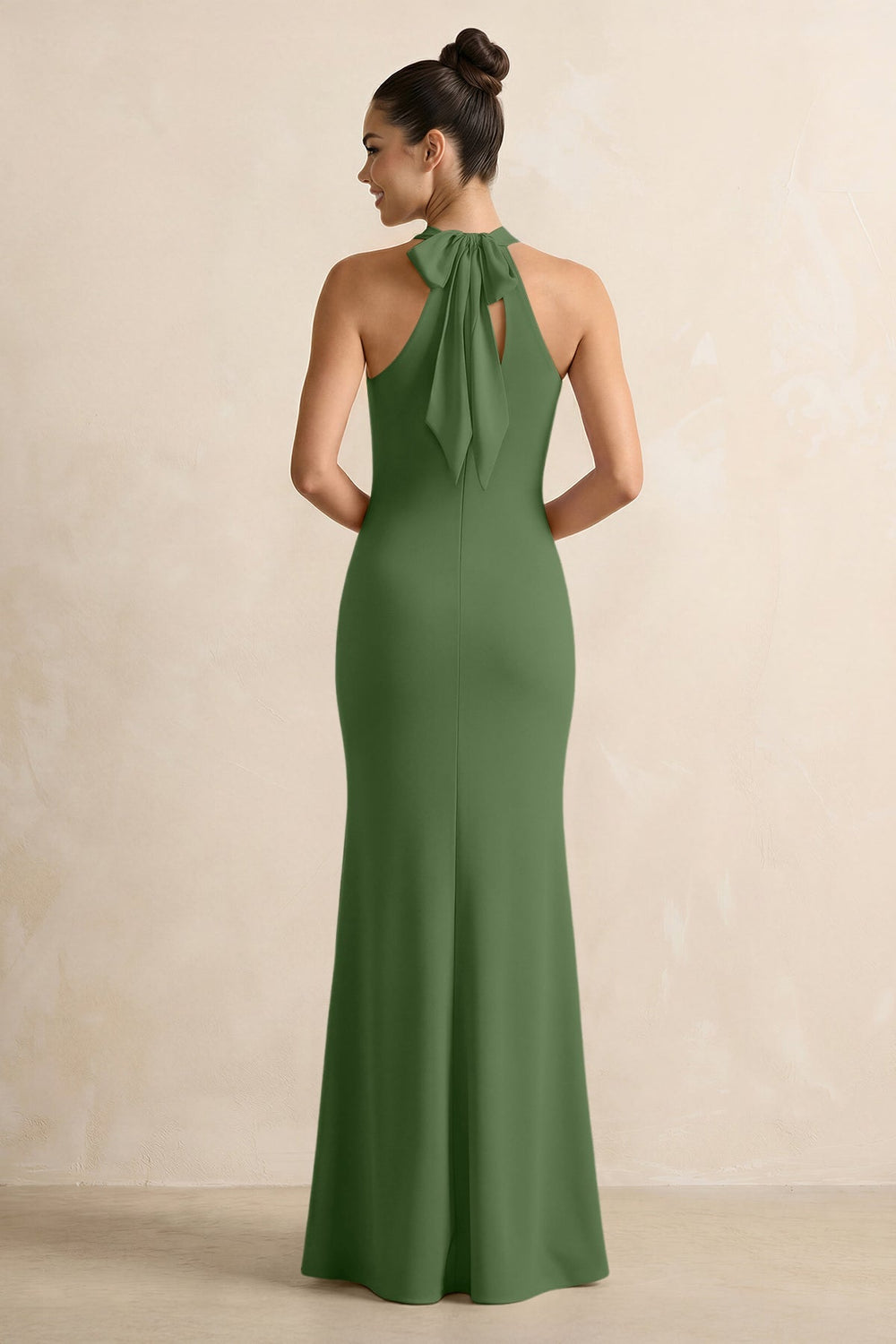 Crisscross Halter Sheath Chiffon Bridesmaid Dress with Bow in Moss - KISS BRIDAL BRIDESMAID DRESSES