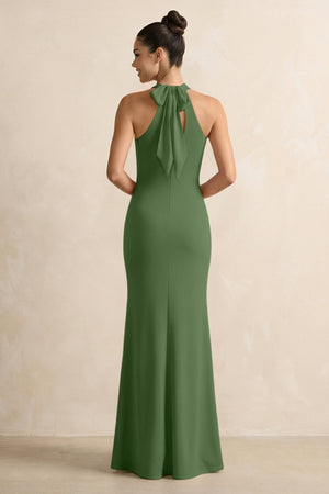 Crisscross Halter Sheath Chiffon Bridesmaid Dress with Bow in Moss - SHE IS ME BRIDESMAID DRESSES