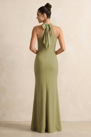 Crisscross Halter Sheath Chiffon Bridesmaid Dress with Bow in Moss Green (2) | KISSBRIDAL