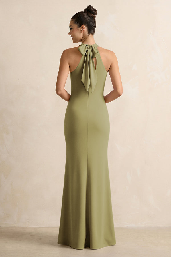 Crisscross Halter Sheath Chiffon Bridesmaid Dress with Bow in Moss Green (2) | KISSBRIDAL