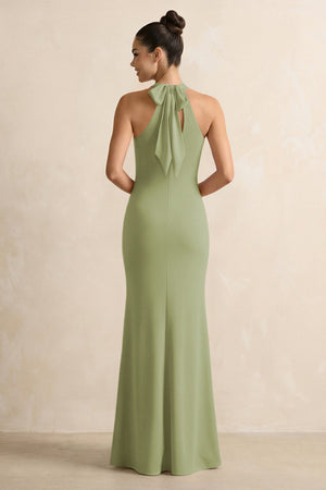 Crisscross Halter Sheath Chiffon Bridesmaid Dress with Bow in Moss Green - SHE IS ME BRIDESMAID DRESSES