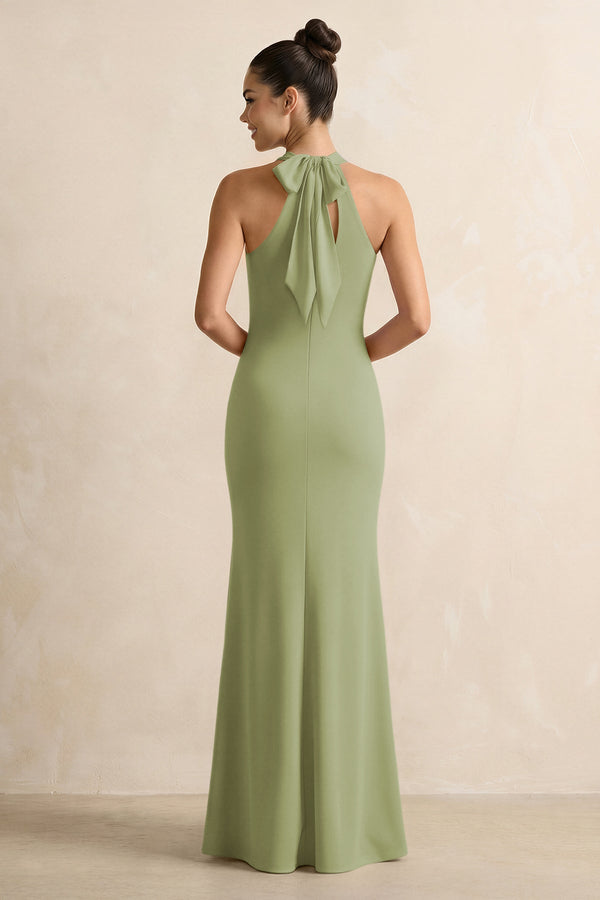 Crisscross Halter Sheath Chiffon Bridesmaid Dress with Bow in Moss Green - SHE IS ME BRIDESMAID DRESSES