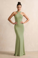 Crisscross Halter Sheath Chiffon Bridesmaid Dress with Bow in Moss Green - SHE IS ME BRIDESMAID DRESSES