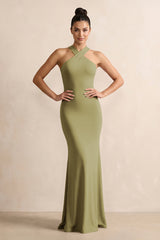 Crisscross Halter Sheath Chiffon Bridesmaid Dress with Bow in Moss Green | KISSBRIDAL