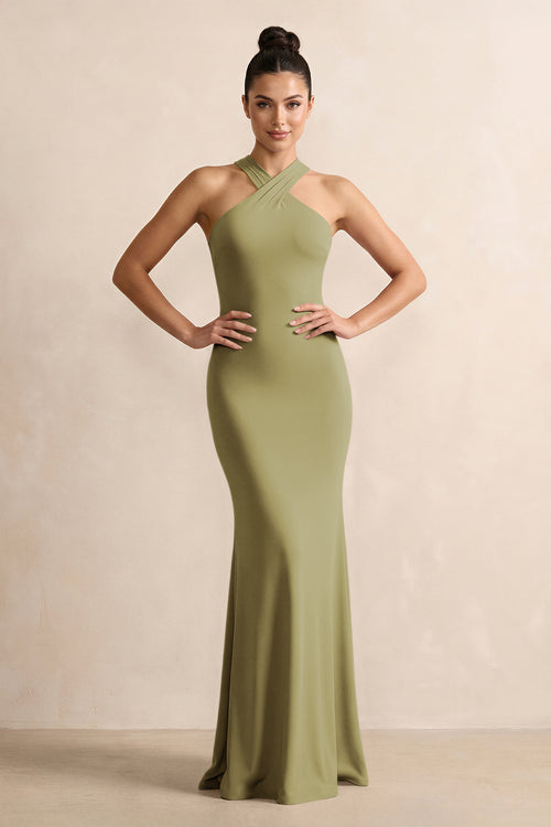 Crisscross Halter Sheath Chiffon Bridesmaid Dress with Bow in Moss Green | KISSBRIDAL