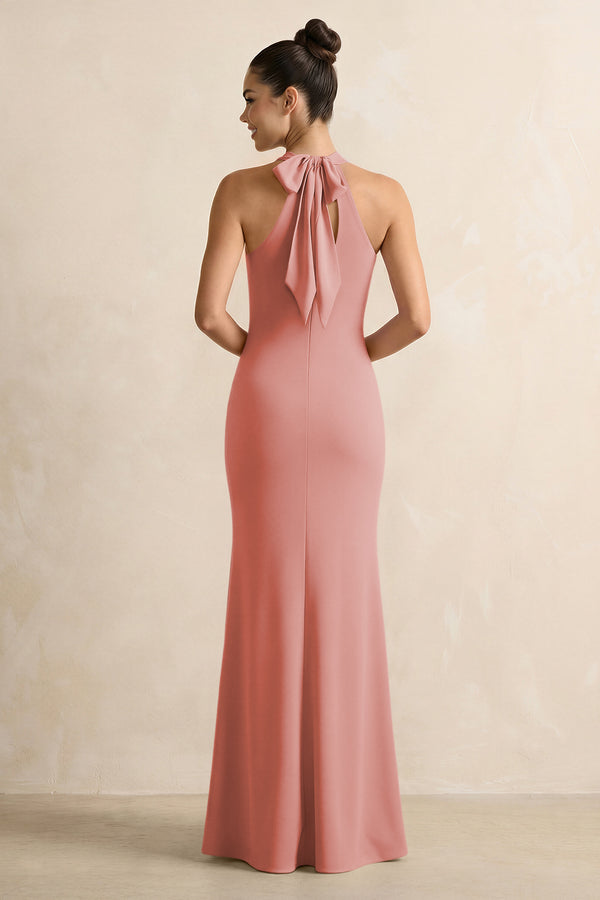Crisscross Halter Sheath Chiffon Bridesmaid Dress with Bow in Mulberry (2) | KISSBRIDAL