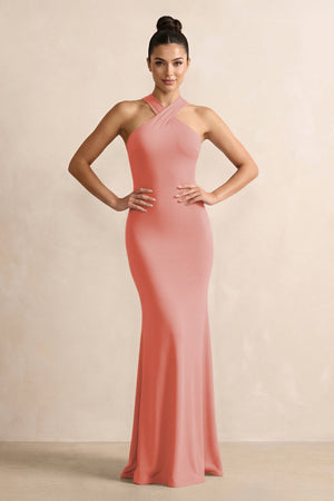 Crisscross Halter Sheath Chiffon Bridesmaid Dress with Bow in Mulberry - SHE IS ME BRIDESMAID DRESSES