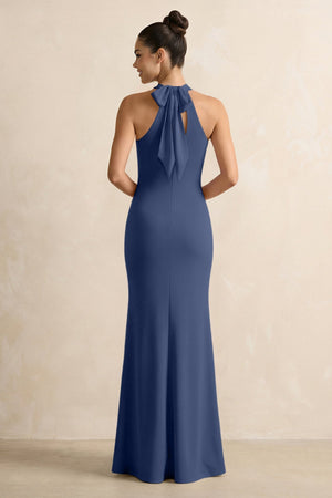 Crisscross Halter Sheath Chiffon Bridesmaid Dress with Bow in Navy - SHE IS ME BRIDESMAID DRESSES