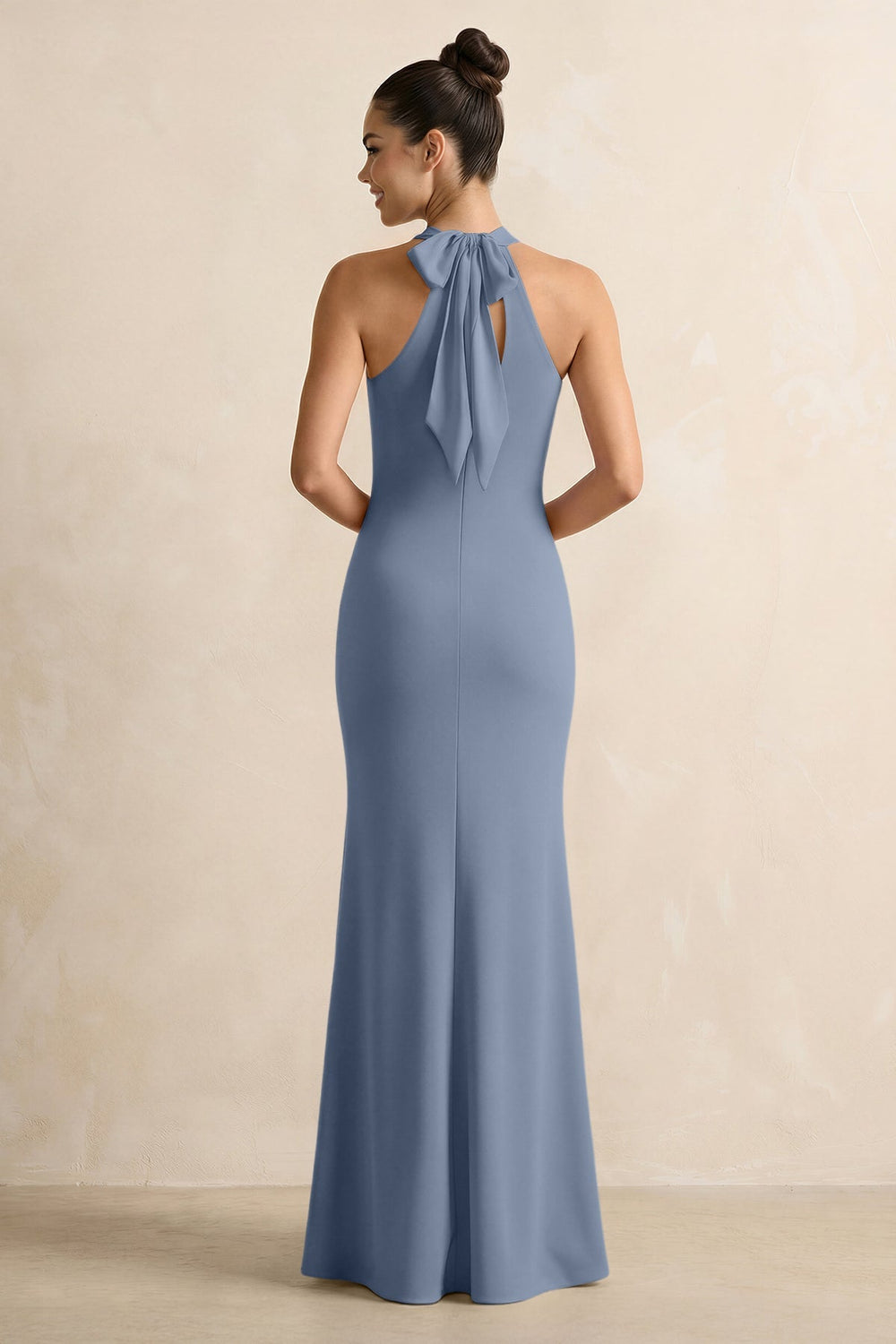 Crisscross Halter Sheath Chiffon Bridesmaid Dress with Bow in Neptune - KISS BRIDAL BRIDESMAID DRESSES