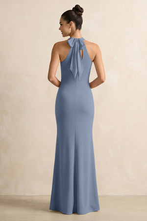 Crisscross Halter Sheath Chiffon Bridesmaid Dress with Bow in Neptune - SHE IS ME BRIDESMAID DRESSES
