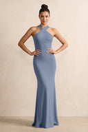 Crisscross Halter Sheath Chiffon Bridesmaid Dress with Bow in Neptune - SHE IS ME BRIDESMAID DRESSES