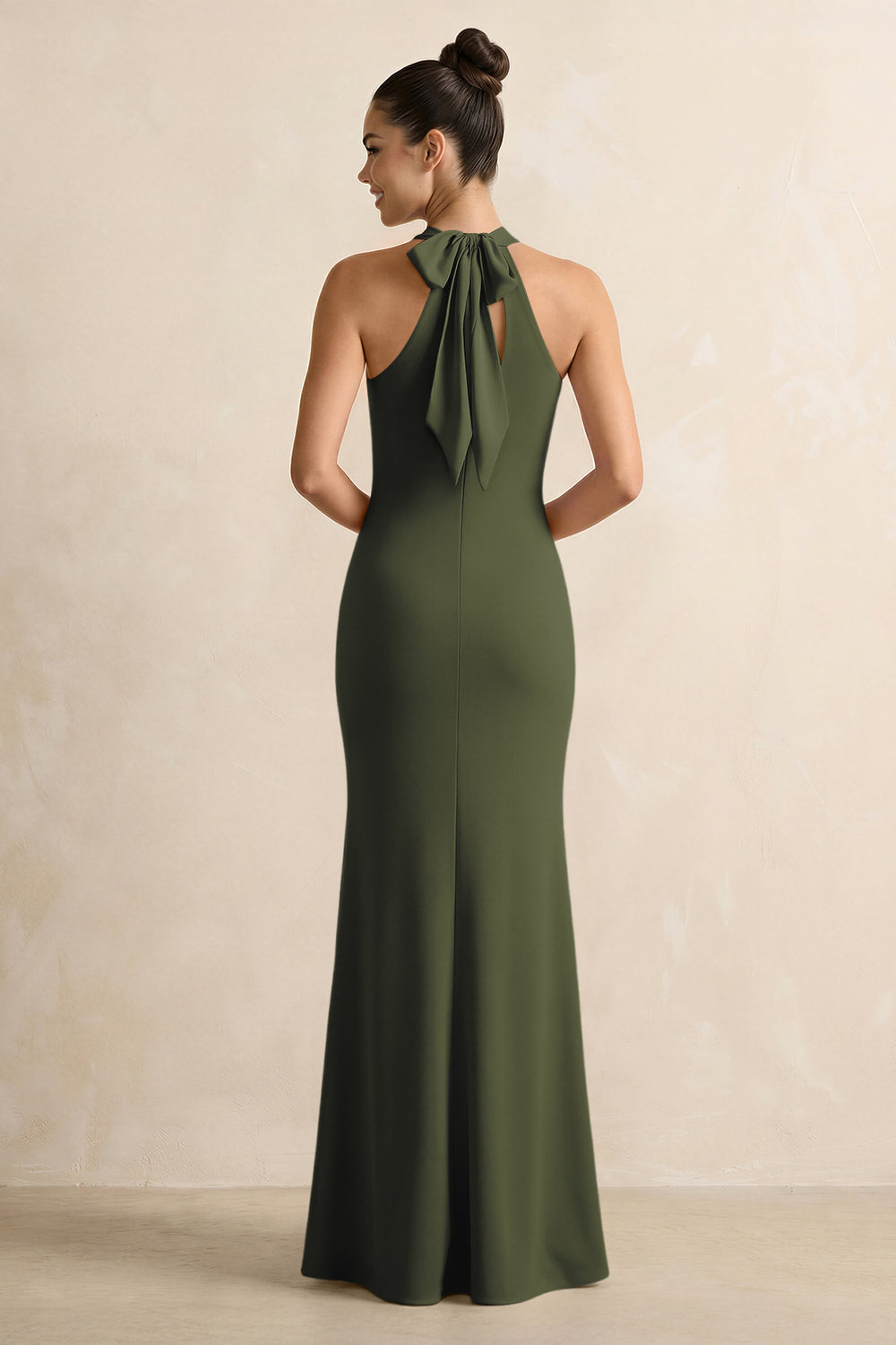 Crisscross Halter Sheath Chiffon Bridesmaid Dress with Bow in Olive