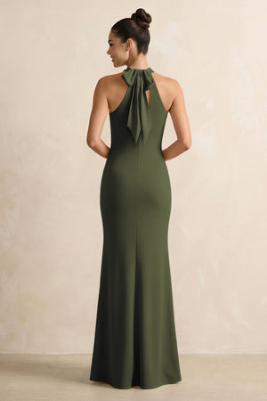 Crisscross Halter Sheath Chiffon Bridesmaid Dress with Bow in Olive (2) | KISSBRIDAL