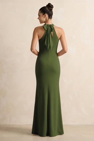 Crisscross Halter Sheath Chiffon Bridesmaid Dress with Bow in Olive - SHE IS ME BRIDESMAID DRESSES