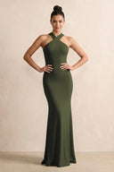 Crisscross Halter Sheath Chiffon Bridesmaid Dress with Bow in Olive | KISSBRIDAL