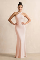 Crisscross Halter Sheath Chiffon Bridesmaid Dress with Bow in Pale Blush - SHE IS ME BRIDESMAID DRESSES