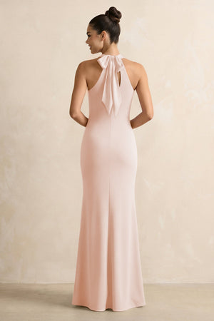 Crisscross Halter Sheath Chiffon Bridesmaid Dress with Bow in Pale Blush - SHE IS ME BRIDESMAID DRESSES